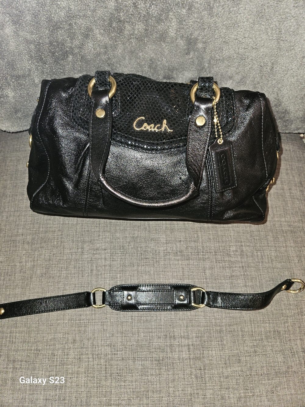 Coach Ashley Leather Satchel Python-Embossed Black F19247